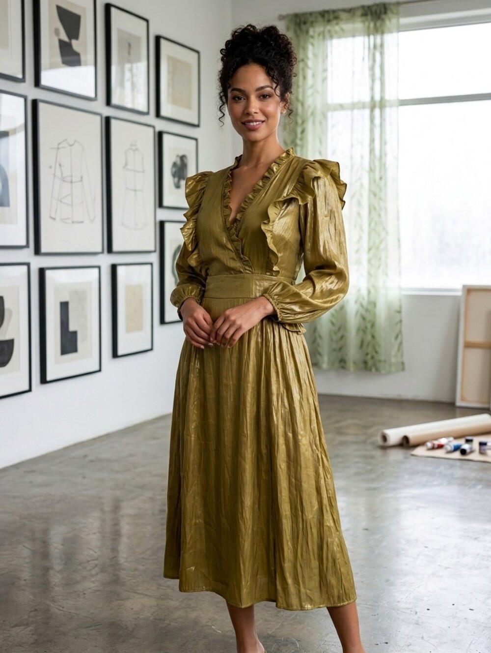 Current Air Olive Green Ruffle-Trim Midi Dress Size M Boho Cottagecore Prairie